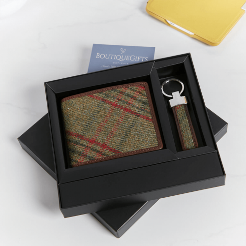 personalised Green Tweed Wallet and Key Ring Set