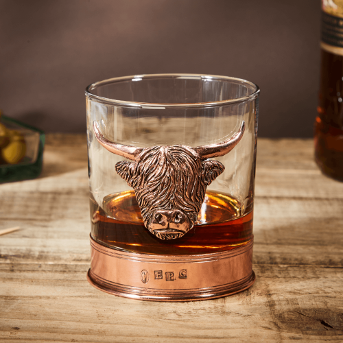 English Pewter Copper Highland Cow Glass Whisky Tumbler
