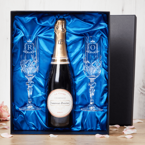 Crown Crest x2 Champagne Glasses Gift Set With Bottle Of Brut Champagne 