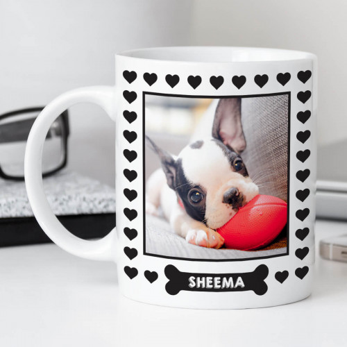 personalised Dog Bone Heart Border Photo Mug