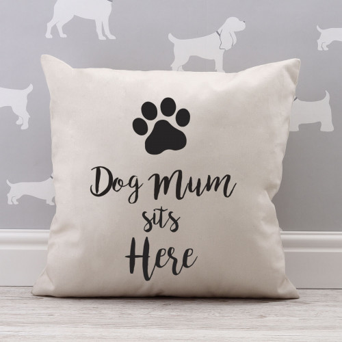 personalised Dog Mum Sits Here Cotton Cushion