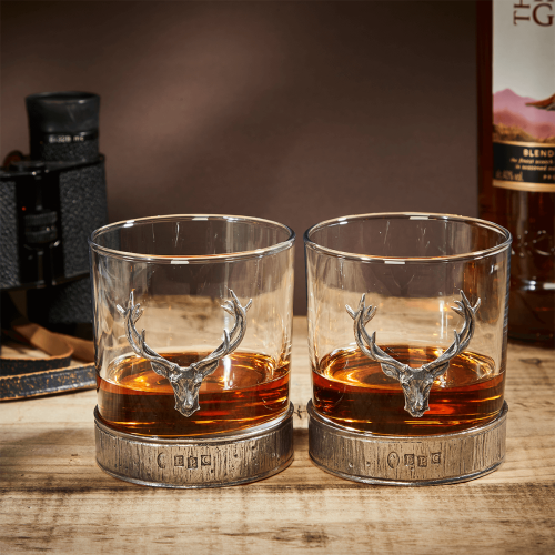 English Pewter Double Majestic Stag Head Whisky Glasses Gift Set