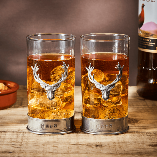 English Pewter Double Stag Head Highball Glasses Gift Set