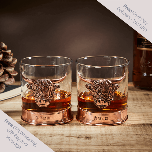 English Pewter Double Copper Highland Cow Whisky Glasses Gift Set