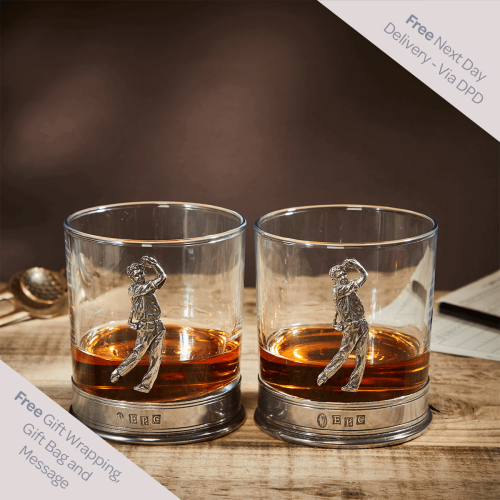 English Pewter Double Golf Whisky Glasses Gift Set