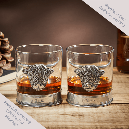 English Pewter Double Highland Cow Whisky Glasses Gift Set