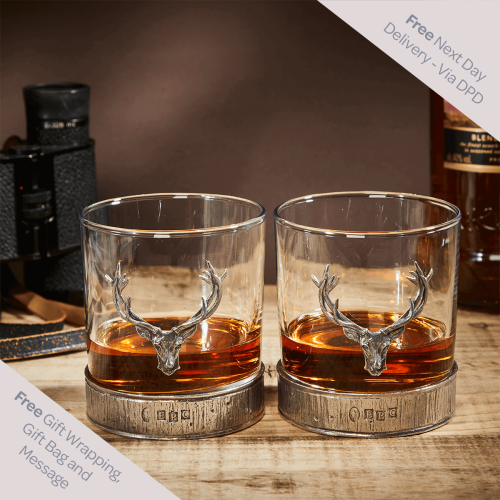 English Pewter Double Majestic Stag Head Whisky Glasses Gift Set