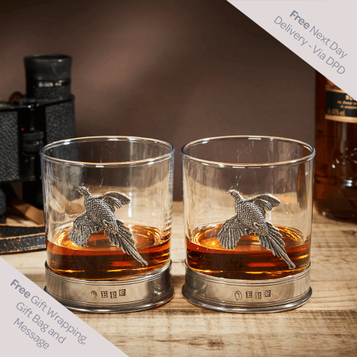 English Pewter Double Pheasant Whisky Glasses Gift Set