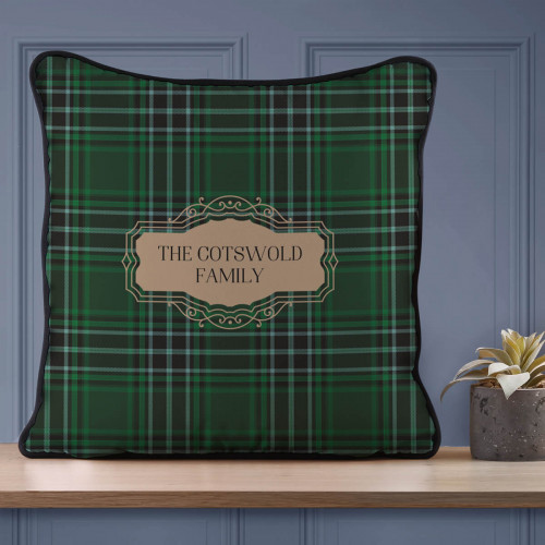 personalised Family Name Green Tartan Piped Cushion
