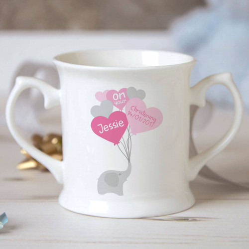 personalised Girl Elephant Balloons Christening Mug