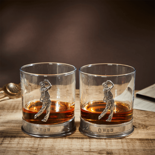 English Pewter Double Golf Whisky Glasses Gift Set