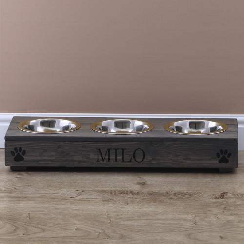 personalised grey triple pet feeder