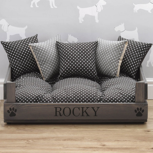 personalised luxury grey wooden pet bed