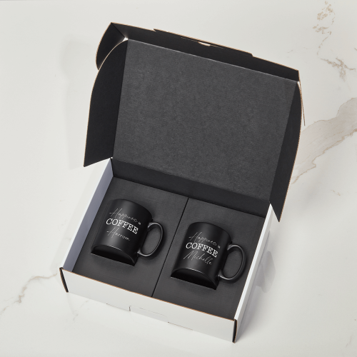 Happiness is Coffee BLACK with Black Satin Mugs