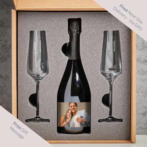 Happy Anniversary Photo Upload Boutique Gifts Prosecco Double Glass With Bottle Gift Set 