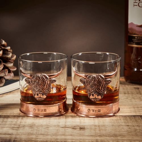 English Pewter Double Copper Highland Cow Whisky Glasses Gift Set