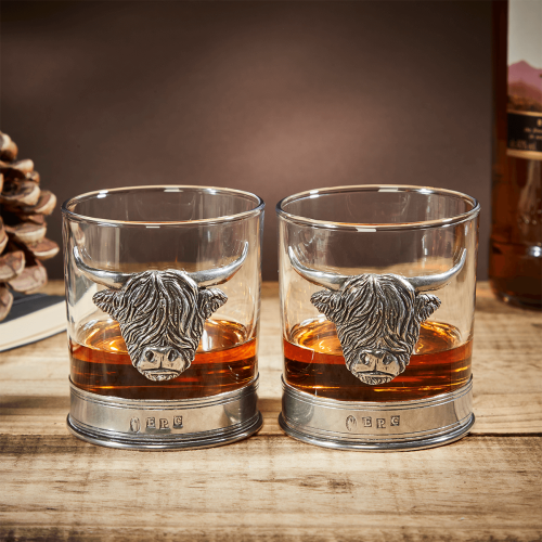 English Pewter Double Highland Cow Whisky Glasses Gift Set