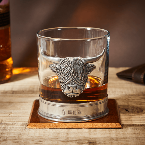 English Pewter Highland Cow Glass Whisky Tumbler