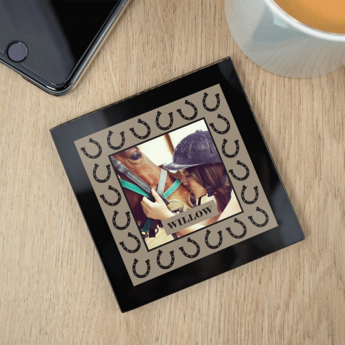 personalised Horse Shoe Border Black Glass Photo Coaster 