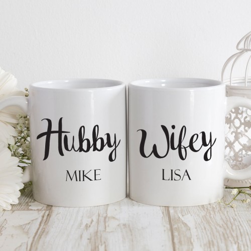 personalised hubby and wifey matching durham mugs