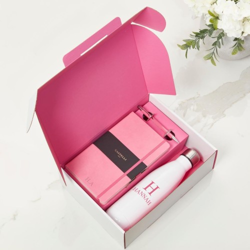 Pink Castelli Notebook, Pen & White Water Bottle Gift Set