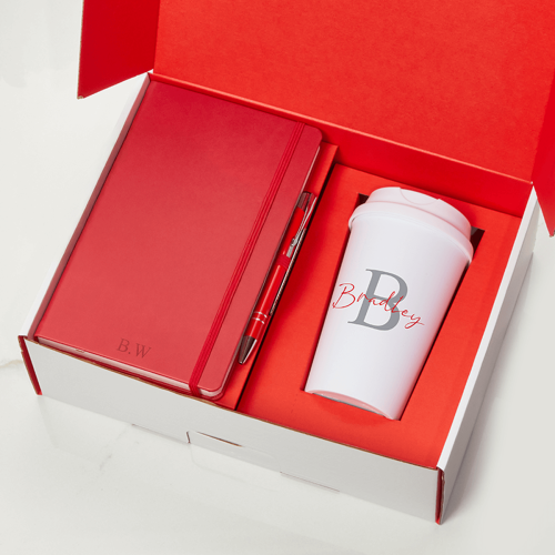 Script Initial Red inner With Red Notebook Red Pen & All White Travel Flask