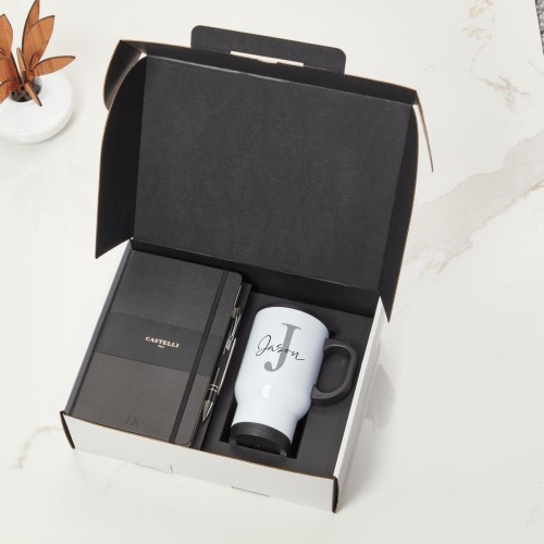 Black Castelli Notebook, Pen & Black Travel Flask Mug With Black Handle Gift Set 