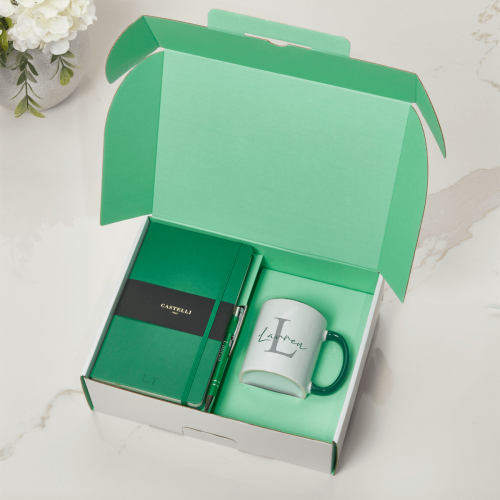 Initial Name Green Castelli With Pen & Two Tone Red Mug