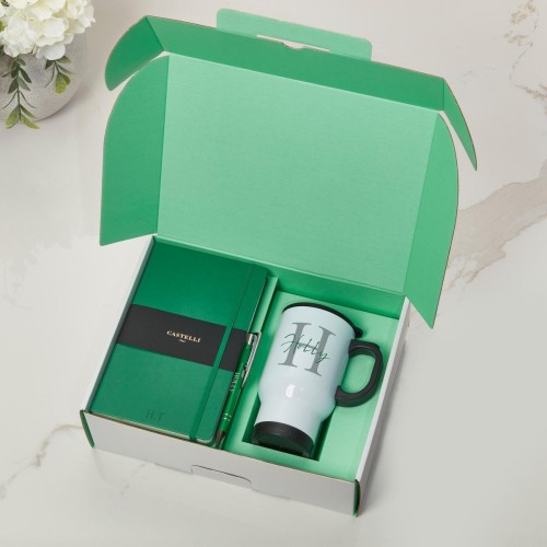 Engraved Green Castelli Notebook, Pen & Black Travel Flask Mug With Black Handle Gift Set 