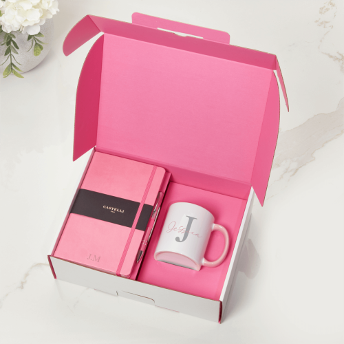 Pink Castelli Notebook, Pen & Initial Mug Gift Set