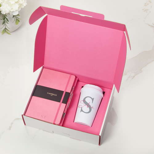 Initial Script name Pink inner With Pink Castelli Pink Pen & All White Travel Flask 
