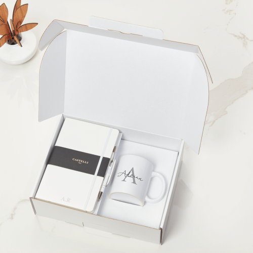 White Castelli Notebook, Pen & Initial Mug Gift Set