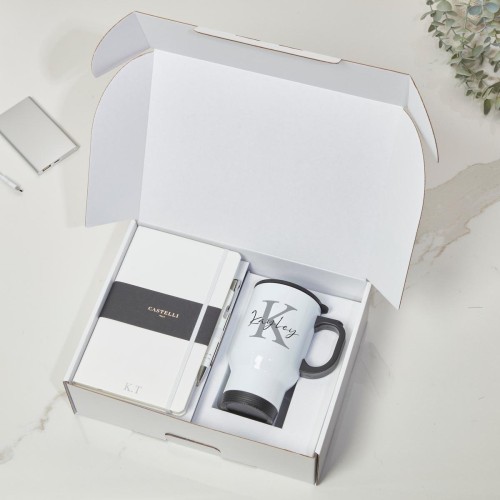 White Castelli Notebook, Pen & White Travel Flask Mug With Black Handle Gift Set 