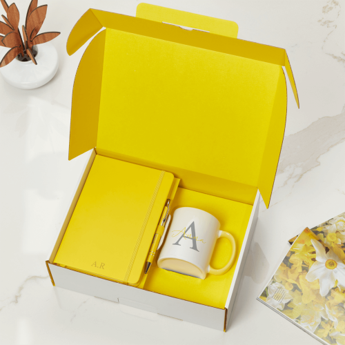 Yellow Notebook, Pen & Initial Mug Gift Set