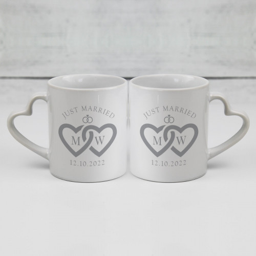 personalised Just Married Double Heart Handle Mugs