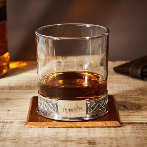 English Pewter Celtic Glass Whisky Tumbler