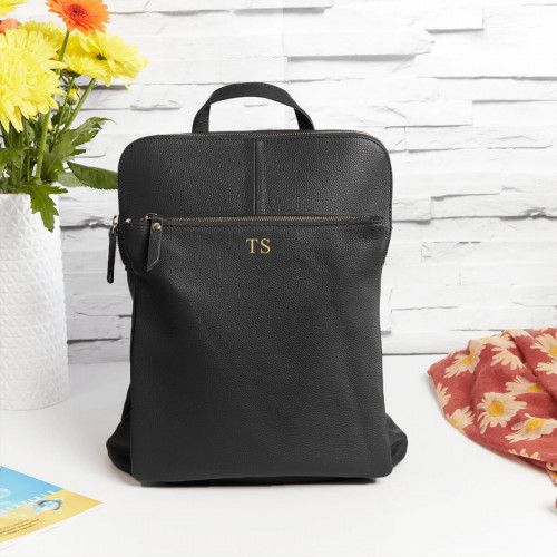 personalised Leather Backpack Shoulder Bag Black