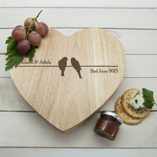 personalised Love Birds Heart Cheese Board