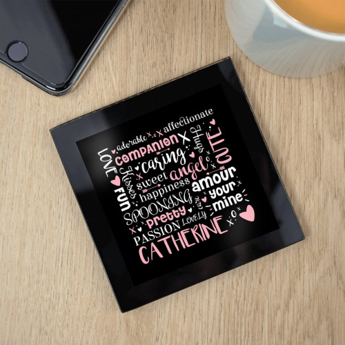 personalised Love Heart Words Black Glass Coaster
