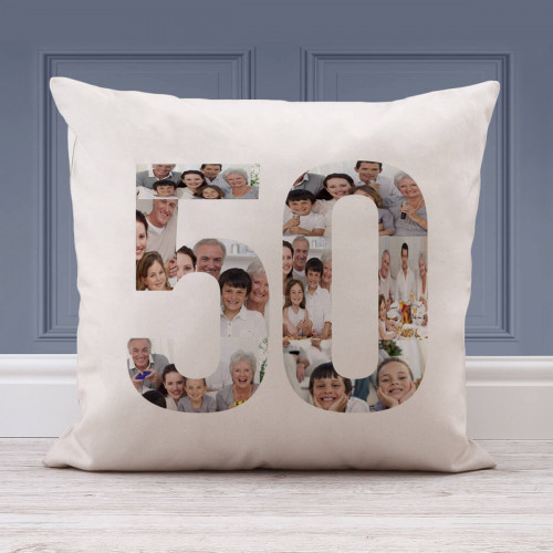 personalised Number 50 Collage Cushion (White) 18x18"