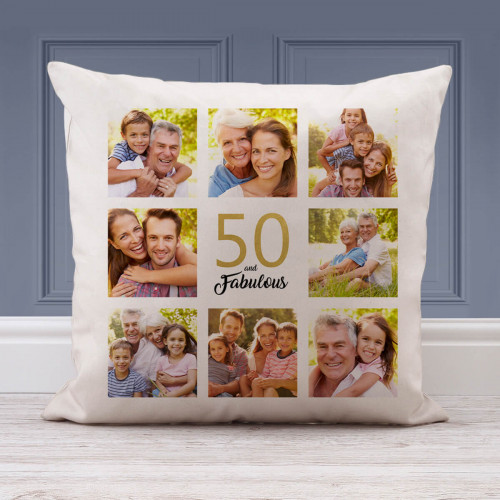 personalised 50 and Fabulous Collage Cushion (White) 18x18"