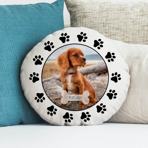 personalised Dog Paw Round Photo Cushion 18"