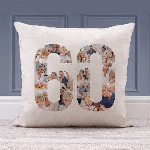 personalised Number 60 Collage Cushion (White) 18x18"