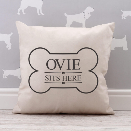 personalised Dog Sits Here Cotton Cushion