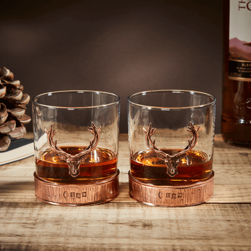 English Pewter Double Majestic Copper Stag Head Whisky Glasses Gift Set
