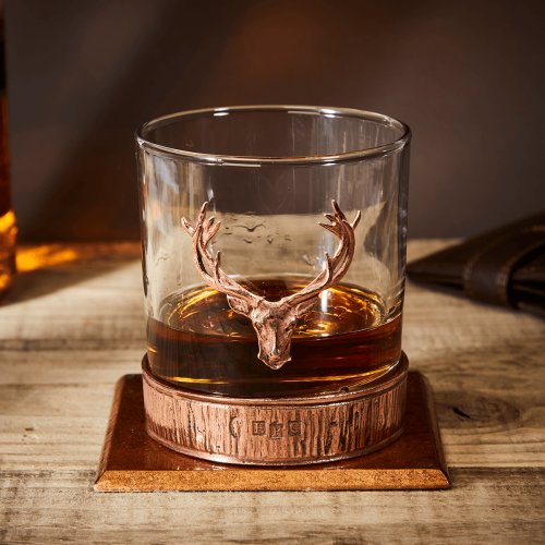 English Pewter Copper Majestic Stag Head Glass Whisky Tumbler