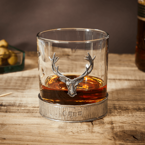 English Pewter Majestic Stag Head Glass Whisky Tumbler 
