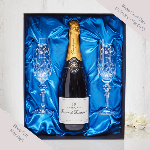 Merry Christmas Couple x2 Champagne Glasses Gift Set With Bottle Of Champagne 