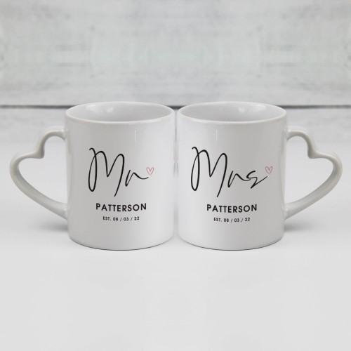 personalised Mr & Mrs Heart Handle Mugs
