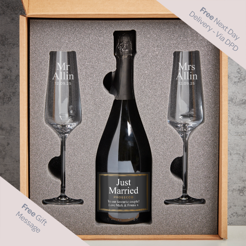 Mr & Mrs Just Married Boutique Gifts Prosecco Double Glass With Bottle Gift Set